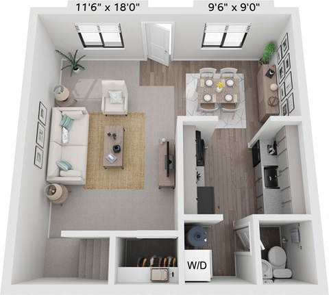 a 1 bedroom floor plan with a bathroom and a living room